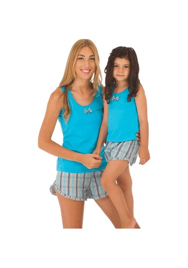 The Don Aile Turkuaz Gri-Lacivert Ekose Kız Çocuk Şort Takımı (9-
