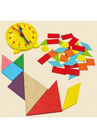 Willowhaven Ahşap Eğitici Oyuncak 6 Parça Matematik Saati Tangram Puzzle Yapı Blokları