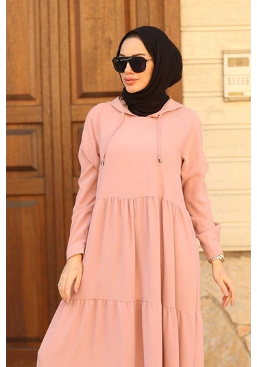 Neways 6531-Krep Kapüşonlu Reglan Kollu Elbise Pudra