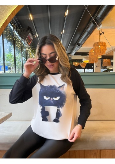 Reka Moda Kadın Uzun Kollu Bisiklet Yaka Kedi Baskılı Şardonlu Dalgıç Bluz Beyaz