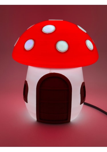 Cevizdizayn Abajur Mantar Şirin Peri Evi Gece Lambası Masa Lambas Beyaz - Kırmızı