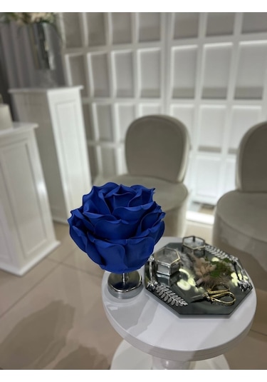 Dekor Yapay Eva Çiçeği Kablosuz Masa Lambası Saks Mavisi-gümüş 9v Pil 75-90 Saat