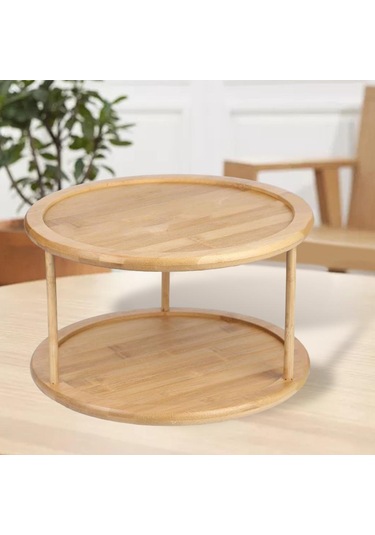 Suntek 2 Katmanlı Ahşap Pikap Baharatlık Mutfak Dolabı Dönen Organizatör Bej