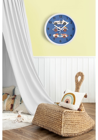 Araba Tasarımlı Çocuk Odası Duvar Saati - 35cm - Önü Camlı Beyaz Kasa - Sessiz Mekanizma-jh1001 Beyaz