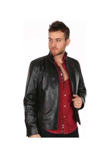 Hakiki Kuzu Derisi Siyah Fermuarlı Casual Erkek Deri Ceket Siyah