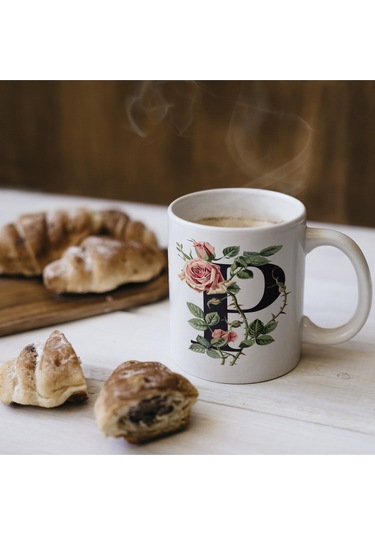 P Baş Harf Kırmızı Güller İle Sarılı Bardak 330 Ml Kişiye Özel Çiçekli Hediye Beyaz