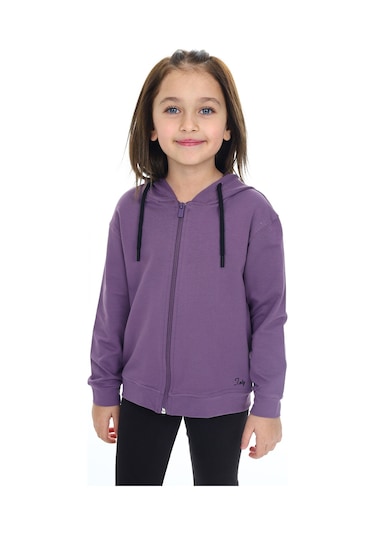 Toontoy Kız Çocuk Kapüşonlu Fermuarlı Cepli Düşük Omuz Nakış Baskılı Örme Hırka - 2 İplik Mor