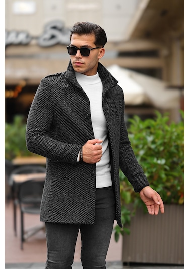 Erkek Dar Kesim Dik Yaka Uzun Koyu Desenli Kaşe Kaban Füme