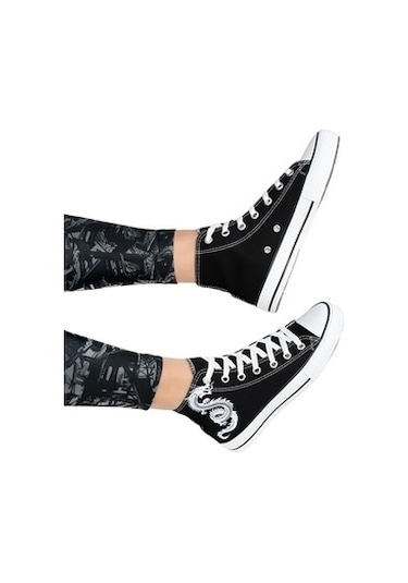 Unisex Bilekli Baskılı Spor Ayakkabı Siyah Beyaz Çok Renkli