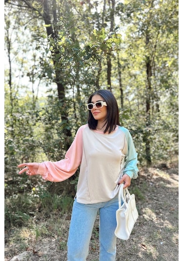 WeShaya Kadın Bej Uzun Balon Kol, Yuvarlak Yaka, Kolları Double Color Block Basic Sweatshirt Bluz Bej