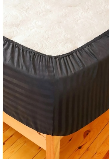 Çizgili Pamuk Saten 1 Adet 100x200 30 Tek Kişilik Lastikli Çarşaf Siyah
