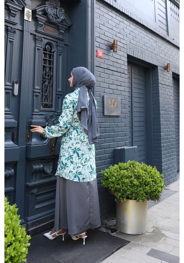 Kadın Yeşil Çiçek Desenli Pamuk Dokuma Kumaş Tunik Gömlek Etekli Takım Tk1417 Yeşil