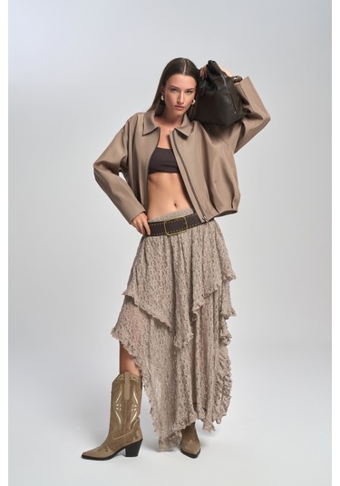 Mireya Asimetrik Vizon Dantel Etek Vizon