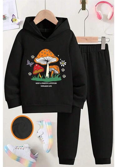 Mantar Baskılı Erkek - Kız Rahat Eşofman Takımı Siyah