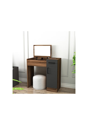 Arnetti İnci Ceviz Antrasit Aynalı Makyaj Masası – Çekmeceli, Dolaplı & Şık Tasarım