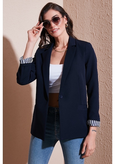 Lela Standart Fit Mono Yaka Desenli Astar Detaylı Blazer Bayan Ceket 6524003 Lacivert