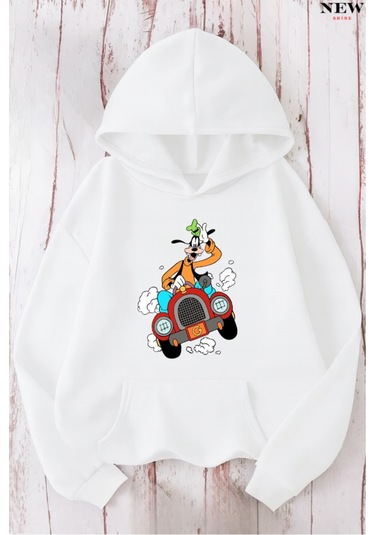 Arabalı Goffy Baskılı Sweatshirt Beyaz
