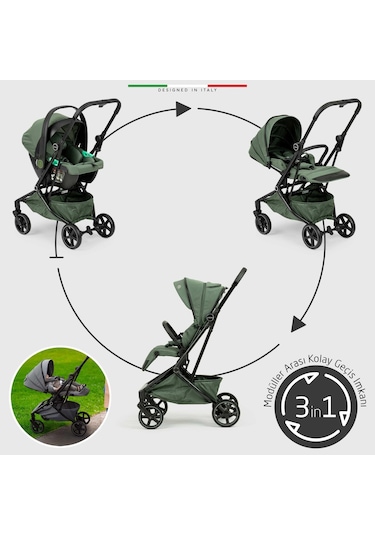 Elele Rotativo Çift Yönlü Kabin Tipi Travel Bebek Arabası Yeşil