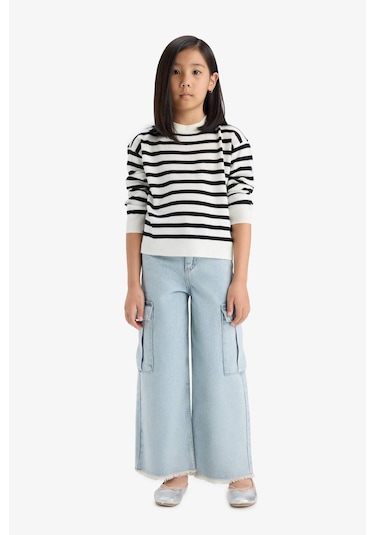 Defacto Kız Çocuk Standart Fit Bisiklet Yaka Çizgili Triko Kazak C6903a825aubk27 Siyah