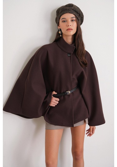 4768 Kadın Kemerli Panço Premium Kaşe Ceket Kahve Kahve