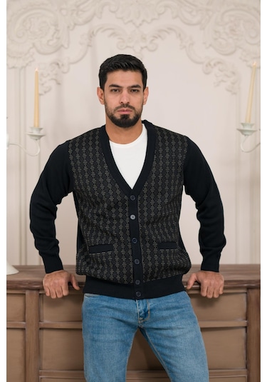 Woolen World Regular Fit V Yaka Ön Cepli Desenli Triko Hırka Lacivert