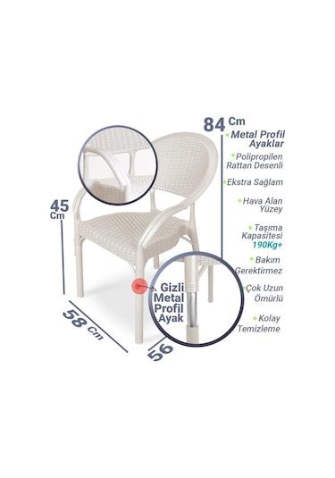 4 Adet Bambu Rattan Kollu Sandalye Koltuk Kapiçino Krem