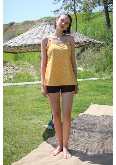 Akbeniz Kadın Şortlu Tankini Elbise Mayo Sarı 36001