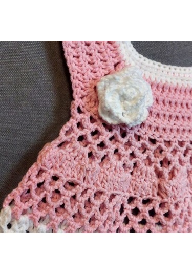 Uretti - Talia 8659 1429 El Örgüsü Koton İp Kız Çocuk Elbise - 1 Yaş / Pembe - Beyaz Pembe - Beyaz