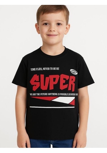 Çocuk Super Yazılı Pamuklu Oversize T-shirt-16016 SIYAH