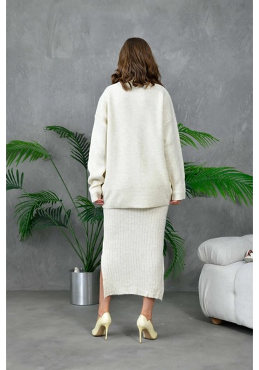 Kadın Balıkçı Yaka Oversize Kazak Uzun Etek İkili Triko Takım Taş