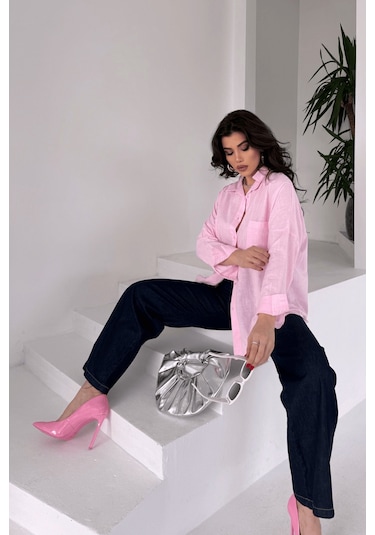 Paw Garage Kadın Harper Çift Cepli Oversize Keten Gömlek, 2025 Summer Collection Pembe