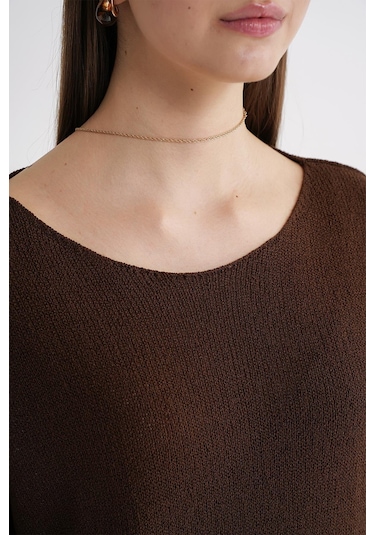 6933 Kadın Kayık Yaka İnce Mevsimlik Triko Kazak Kahve Kahve