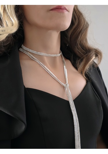 Gümüş Kaplama Üç Sıralı Su Yolu Şal Model Kolye Beyaz