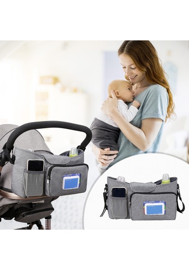 Kangvka Anne Bebek Dışarı Çıkış Çantası - Tek Omuzlu Mami Çantası, Isı Saklama Bardaklık Ve Islak Mendil Çekme Özelliği, Stroller Organizer, Gri Renk Gri