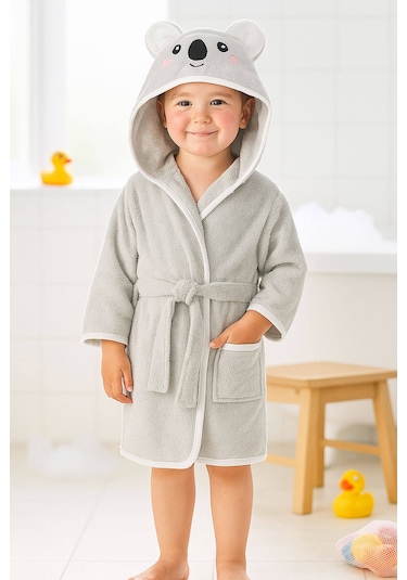 Kapşonlu Hayvan Desenli Çocuk Banyo Deniz Plaj Bornozu %100 Pamuklu Gri
