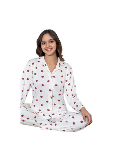 Yaren Collection Pamuklu Kadın Pijama Takımı Uzun Kollu Nefes Ala Beyaz