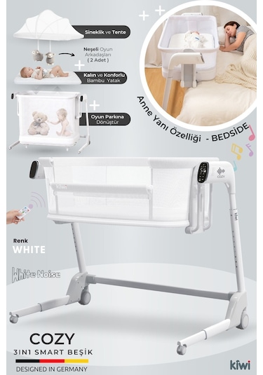 Kiwi Cozy Premium 3in1 Ağlamaya Duyarlı Anne Yanı Beşik, Park Yatak White Noise İle Kesintisiz Uyku