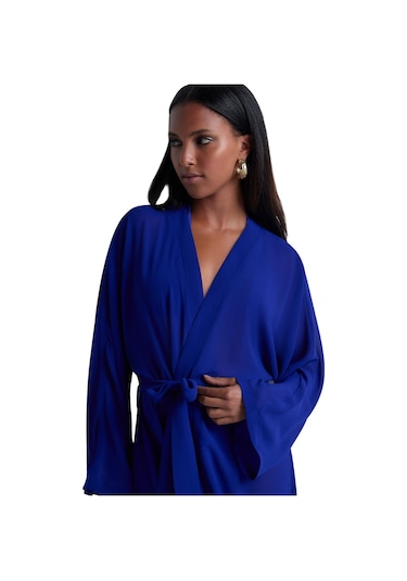 Aubade Beach Walk Kimono, Uzun Kollu, Derin Dekolteli, Hafif Plaj Üstlüğü Mavi