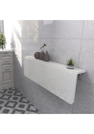 60x110 Cm Mat Beyaz Sabit Raflı Duvara Monte Katlanır Masa