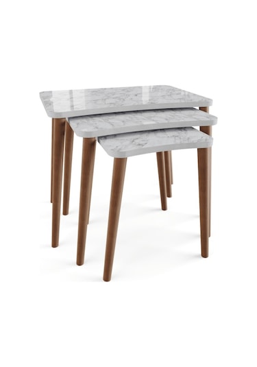 Zigon Sehpa & Yan Sehpa 3'Lü Ahşap Ayaklı Sehpa - Beyaz Mermer