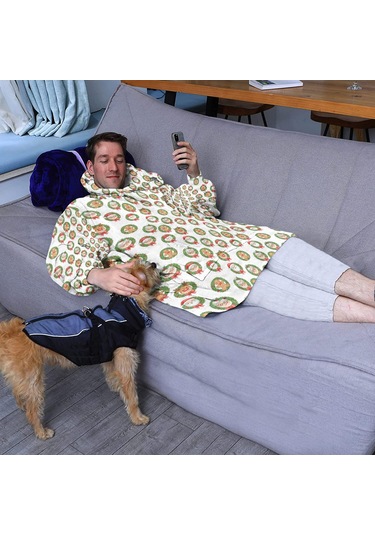 Noel Temalı Unisex Giyilebilir Battaniye Hoodie, Kalın Peluş, Kollar Ve Büyük Cep-a176 Bej