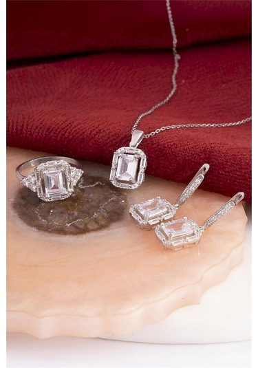 925 Ayar Gümüş Rodyumlu Triple Zirkon Süslemeli Baget Bayan Takı Seti -8244 Gümüş