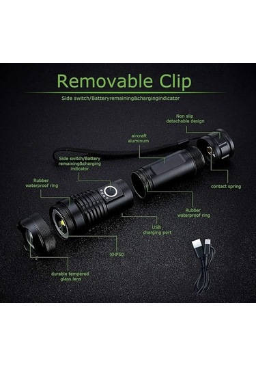 Createtech Yakınlaştırılabilir Usb Taktik Su Siyah Şarj Lümen Led Kamp Işaret Hava Güç Geçirmez Feneri Feneri Feneri Feneri Feneri El El El El Edilebilir Durum Acil Açık Uc Siyah