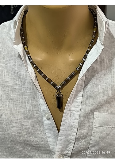 Fy Doğaltaş Kaplangözü Silindir Erkek Kolye Kahverengi - Siyah