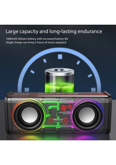 Youtek V8 Bluetooth Hoparlörü, Şeffaf Rgb Işık, Tws Seri Bağlantı, Tf Kart Desteği, 10w Güçlü Ses, 1800mah Pil - Beyaz