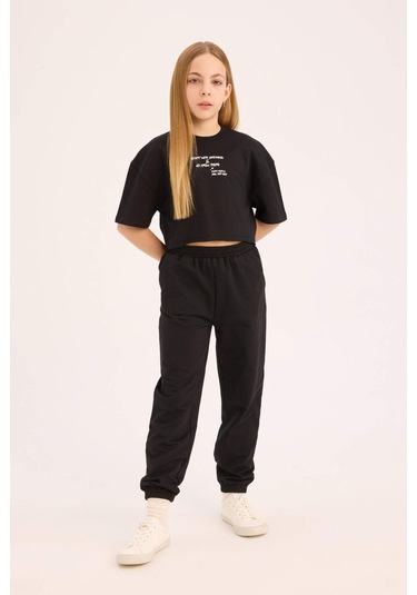 DeFacto Kız Çocuk 2'li Takım Bisiklet Yaka Baskılı Kısa Kollu Tişört Beli Paçası Lastikli Eşofman Altı Z8983A625SMBK81 Siyah