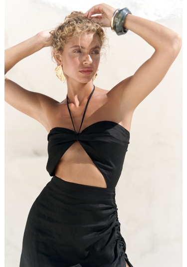 Abrossa Boyundan Bağcıklı Asimetrik Siyah Keten Elbise siyah