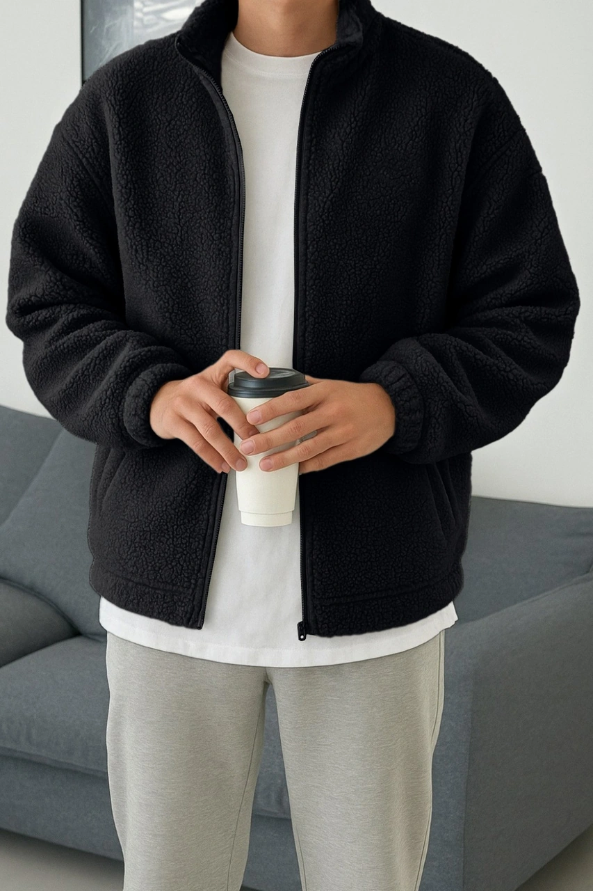 Ghassy Co. Erkek Isı Termal İç Dış Sherpa Sonbahar Kış Tam Fermuarlı Peluş Polar Sweatshirt Siyah