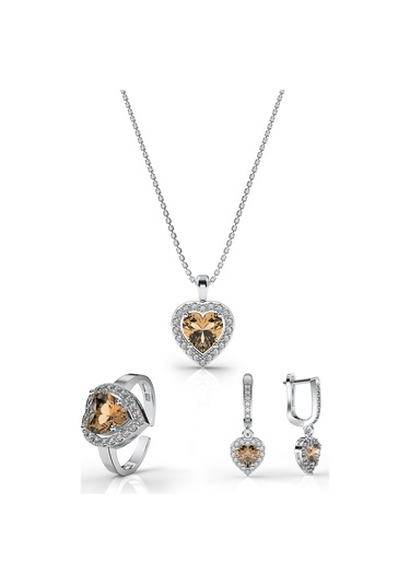 925 Ayar Sitrin Taşlı Rodyum Pırlanta Işıltılı Kalp 3'lü Gümüş Set-takım Ayarlanabilir Gümüş