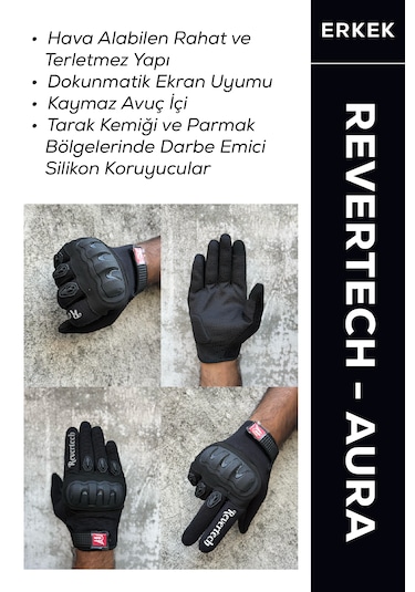 Revertech Aura Siyah - Dokunmatik Ekran Uyumlu Erkek Motosiklet Eldiveni + Buff li